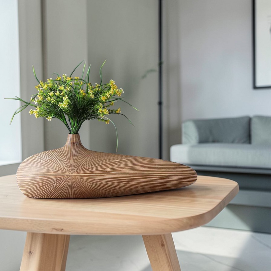 Light long wooden vase styled with flowers on table