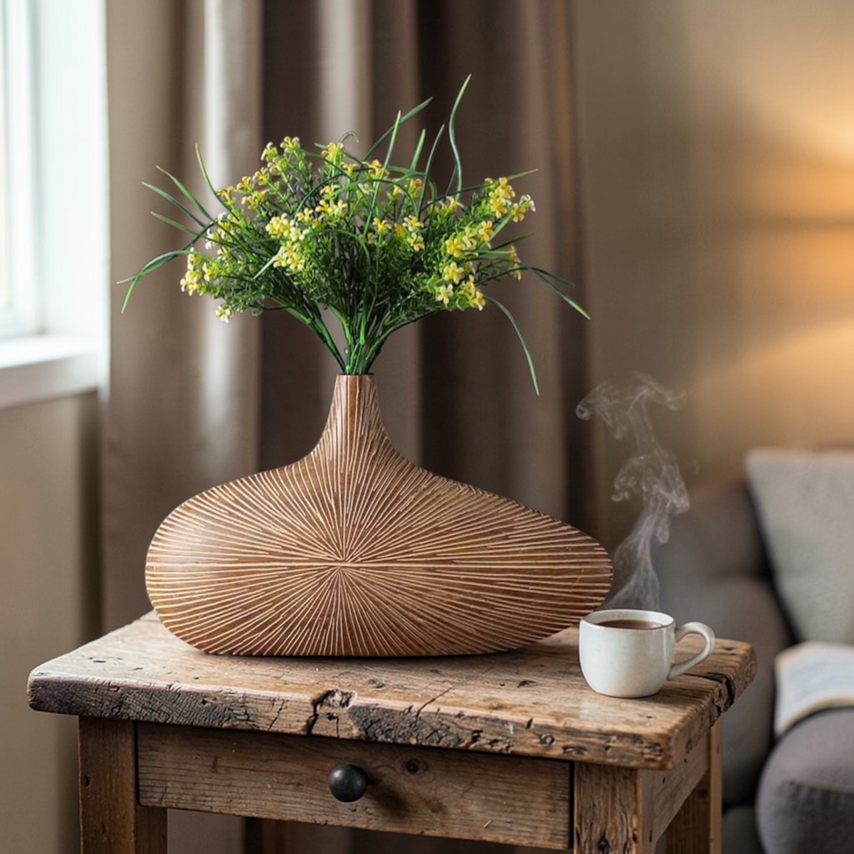 Light round wooden vase styled with flowers on rustic side table